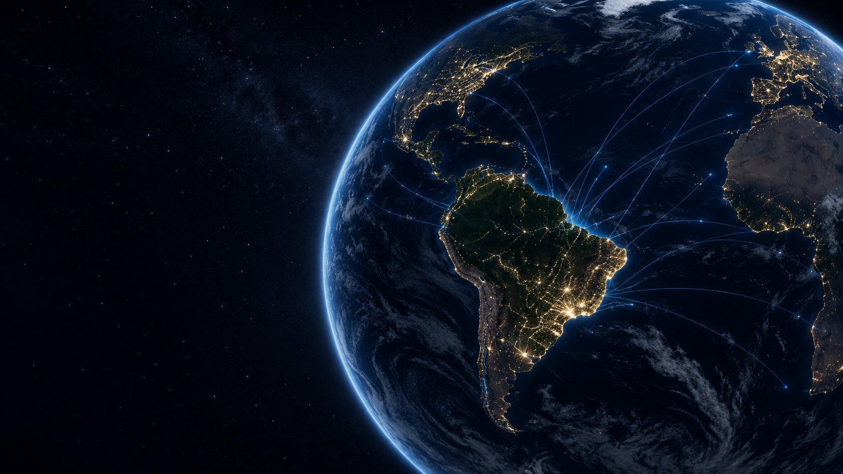 Planeta Terra à noite com o Brasil conectado ao mundo
