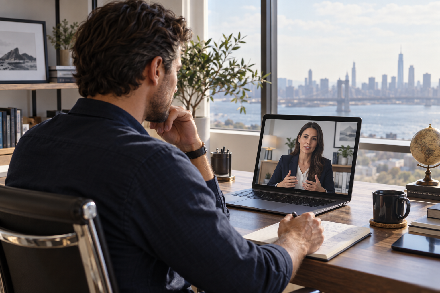 Cliente conversando por videochamada com uma especialista financeira