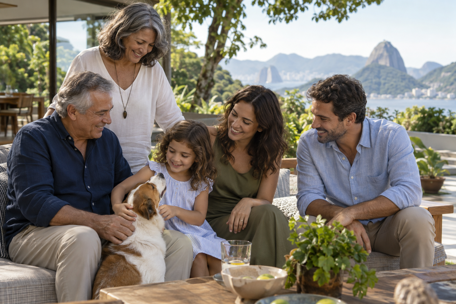 Família de diferentes gerações reunida em casa