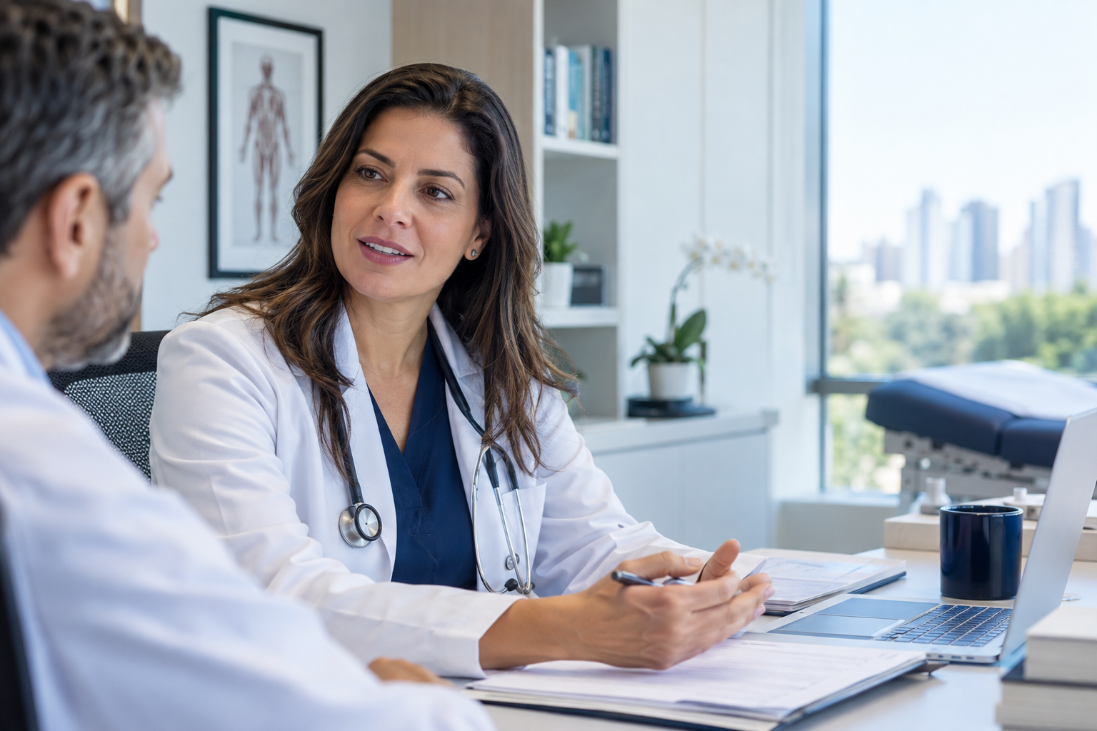 Médica conversando com outro profissional em seu consultório